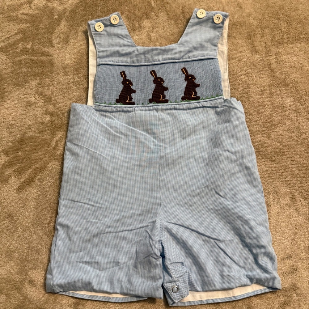 Remember Nguyen Baby Boys Blue Gingham Smocked Easter Bunny Jon Jon Romper 12M
